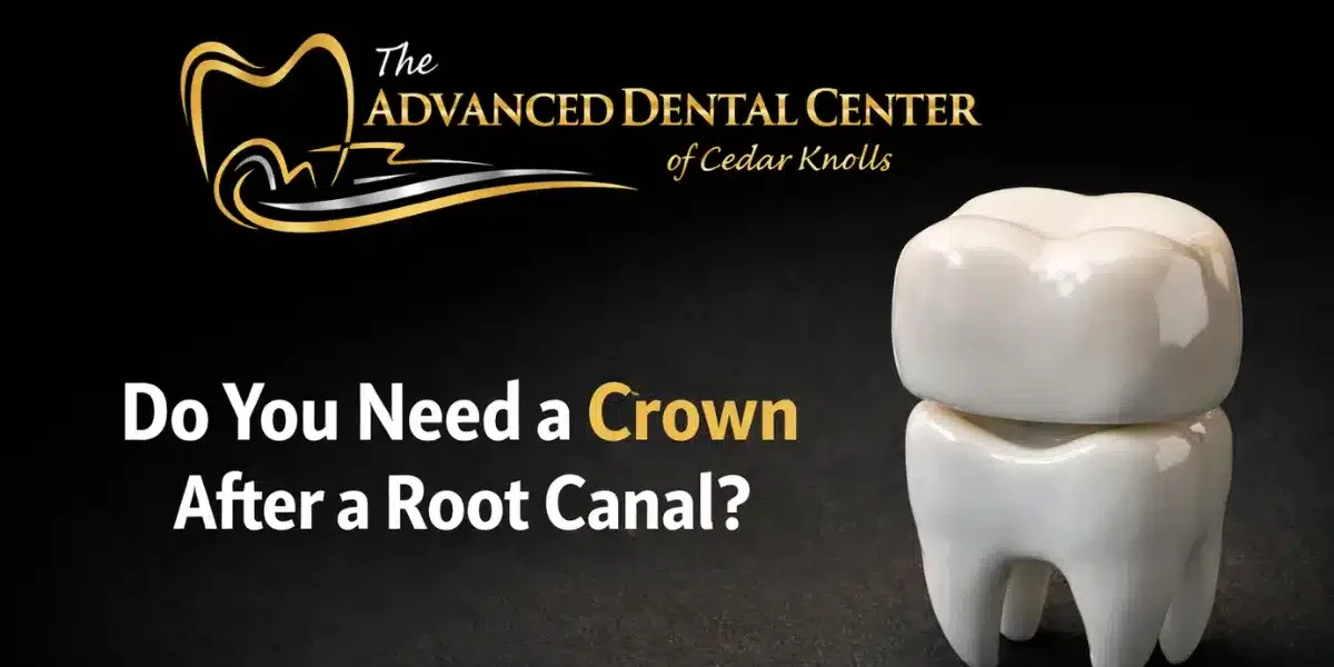 A tooth model and The Advanced Dental Center logo with the text: "Do You Need a Crown After Root Canal?" on a black background.