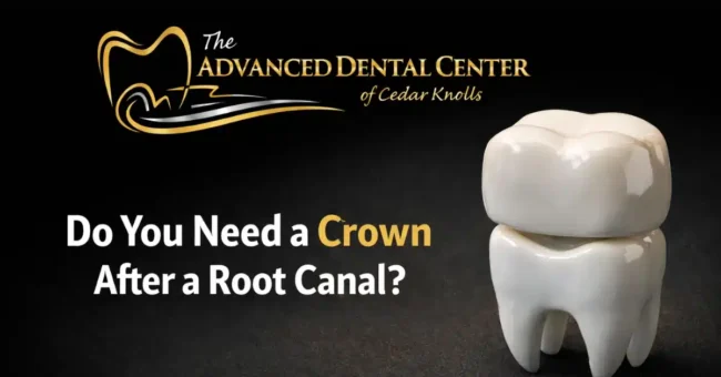 A tooth model and The Advanced Dental Center logo with the text: "Do You Need a Crown After Root Canal?" on a black background.