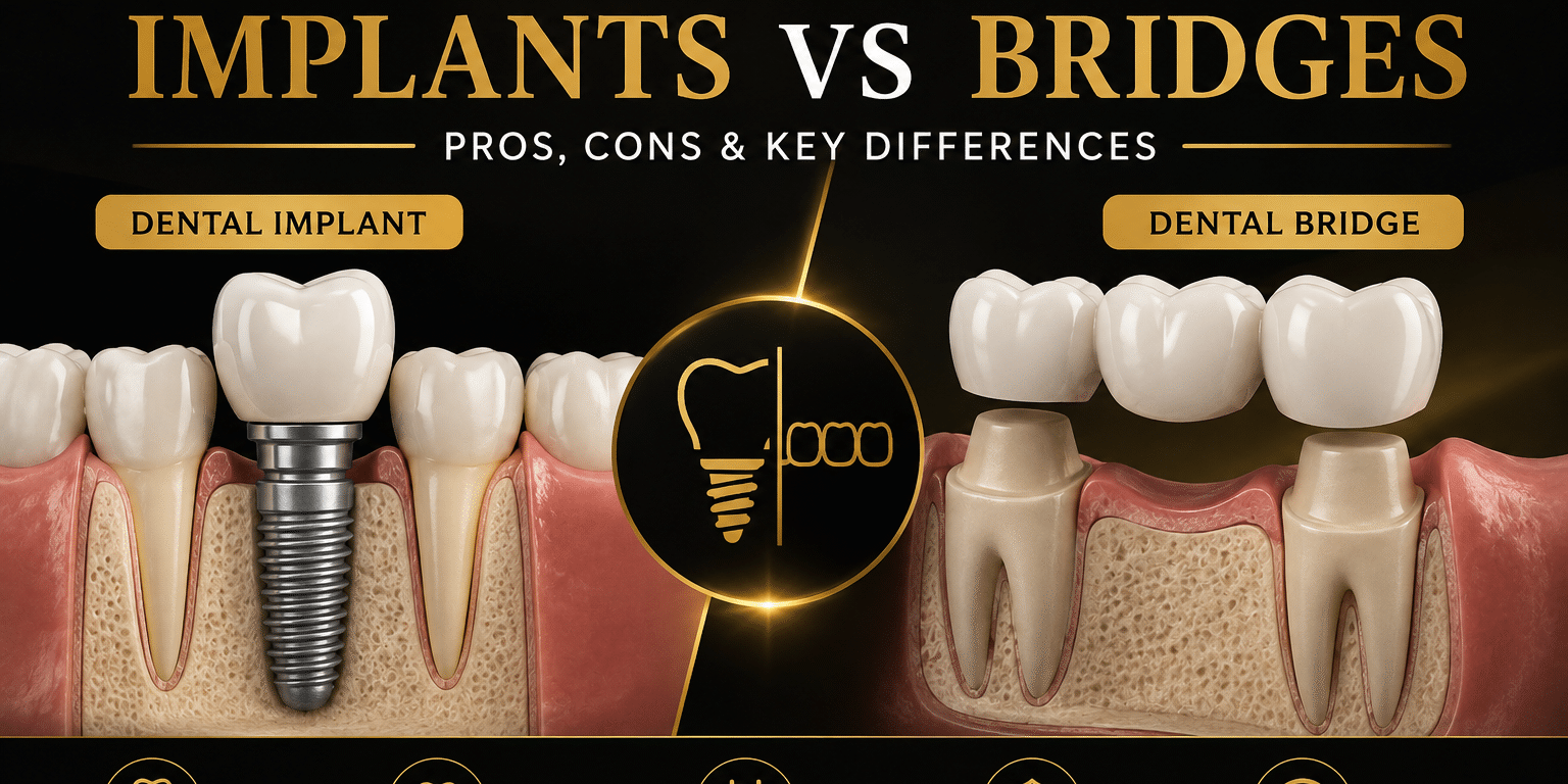 Dental Implants vs Bridges: Pros, Cons & Key Differences Dental Implants vs Bridges: Pros, Cons & Key Differences