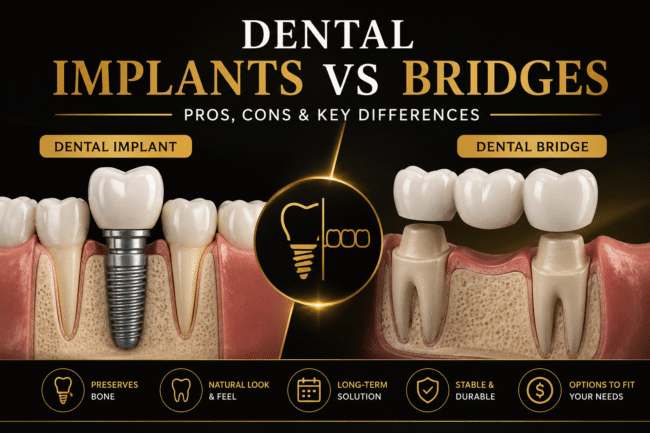 Dental Implants vs Bridges: Pros, Cons & Key Differences Dental Implants vs Bridges: Pros, Cons & Key Differences